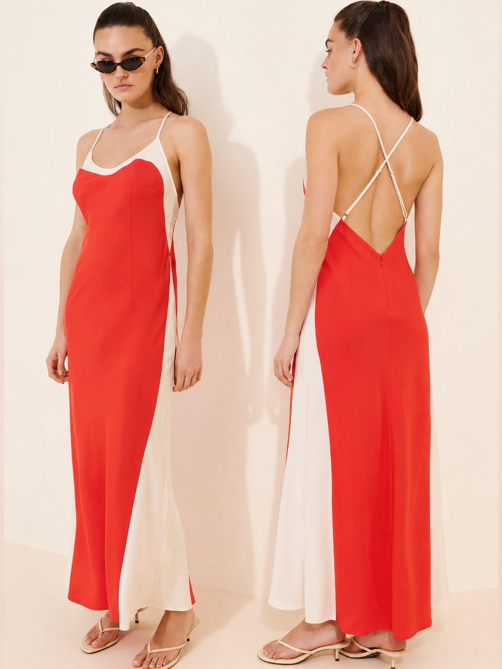 Sancia Anita Slim Maxi Dress M Red Cream Colorblock Open Back Anthropologie
